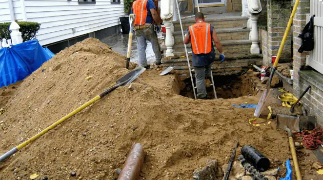 Contractors performing foundation protection and exterior drainage excavation near residential home steps in Fort Collins, CO
